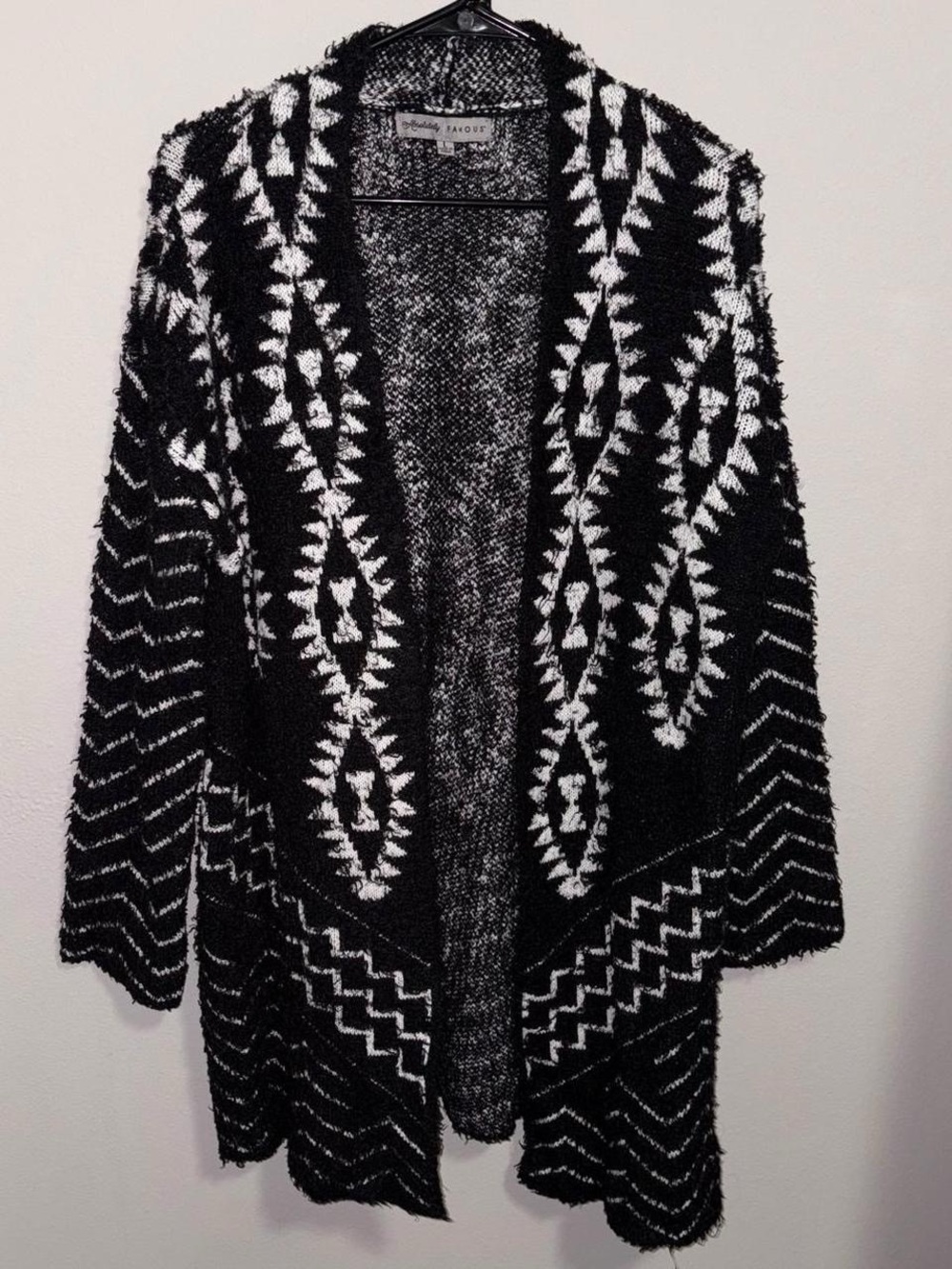 Absolutely Famous soft fuzzy black & white aztec patterned open front cardigan